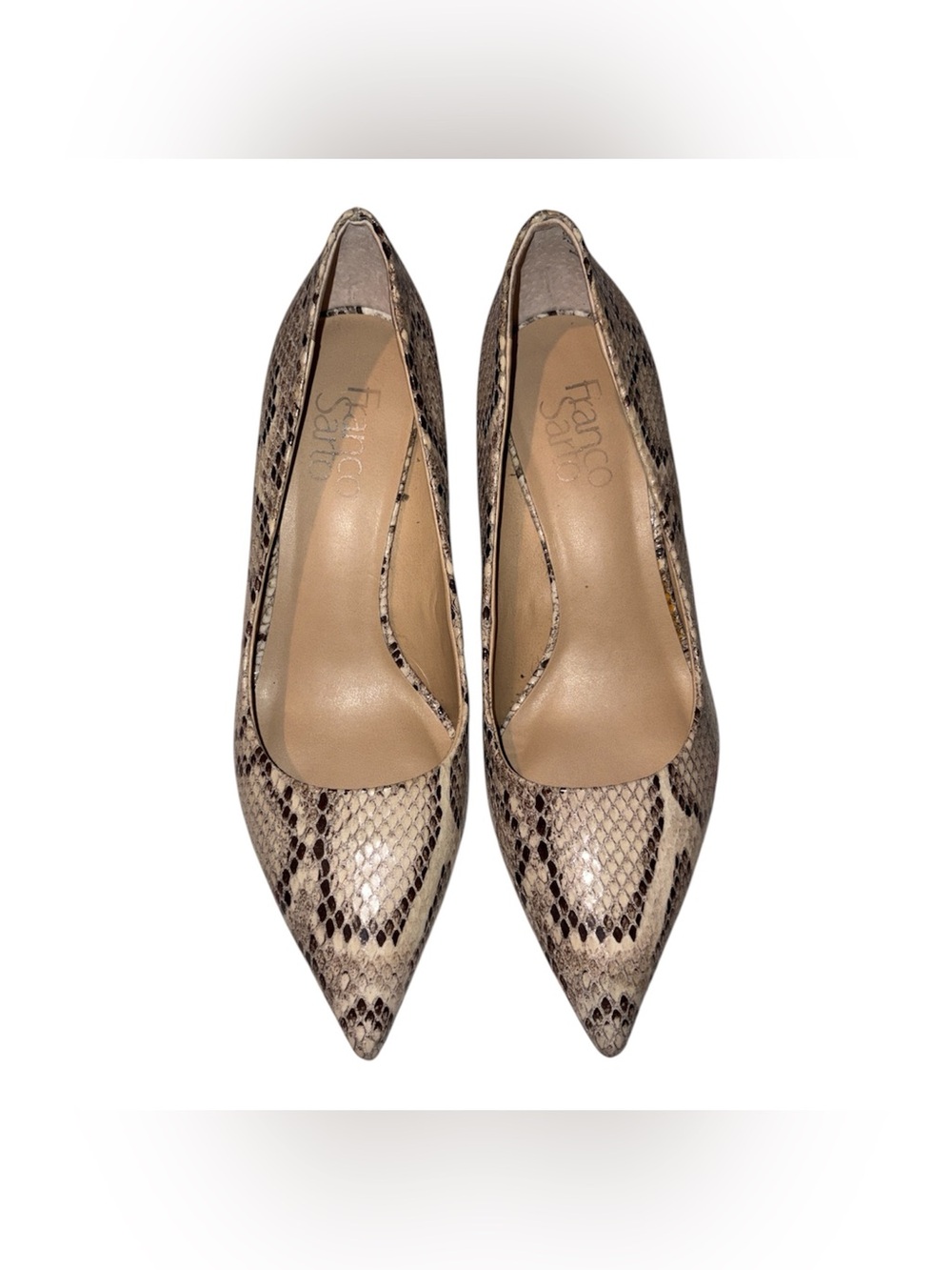 Franco Sarto Snake-Print Pointed Toe Pumps in Beige and Brown